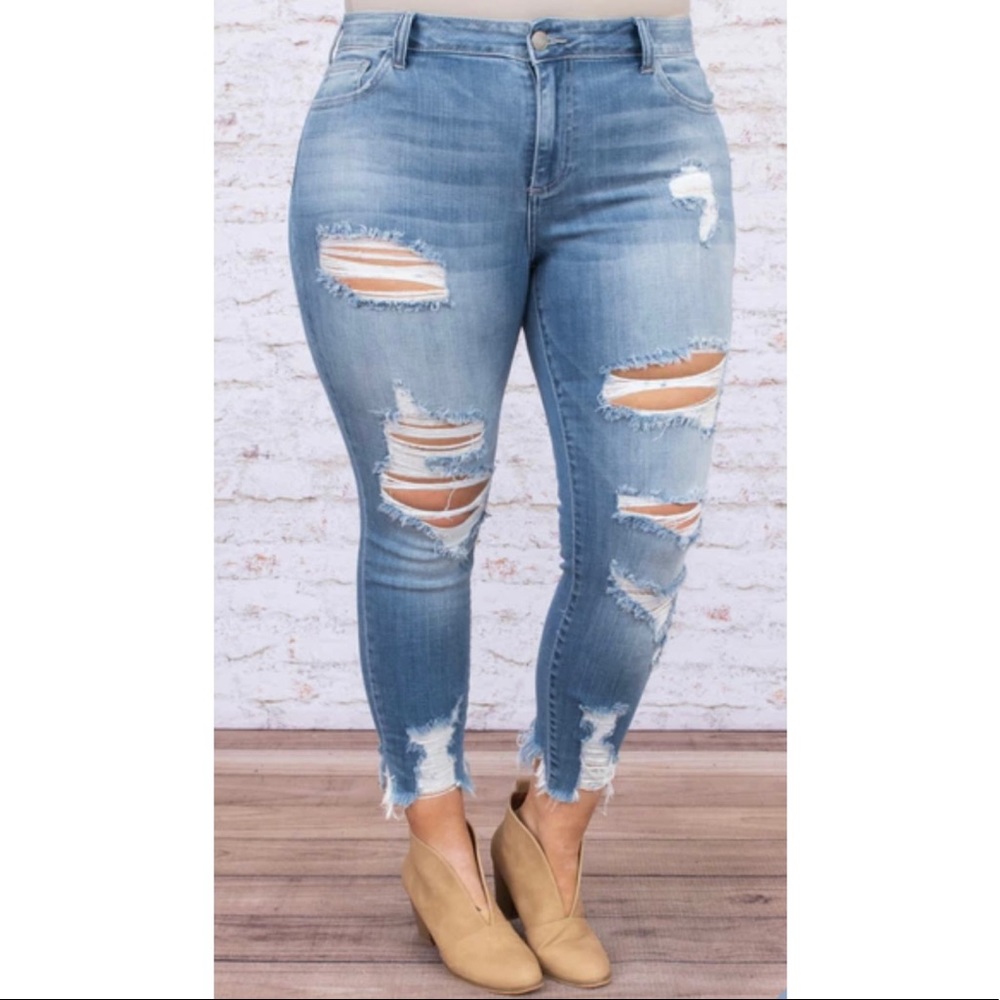 Chic Soul Medium Wash Straight Leg Ripped Jeans